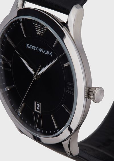 Emporio Armani Giovanni Black Dial and Black Leather 44mm Men's Watch | AR11210