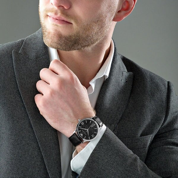 Emporio Armani Giovanni Black Dial and Black Leather 44mm Men's Watch | AR11210