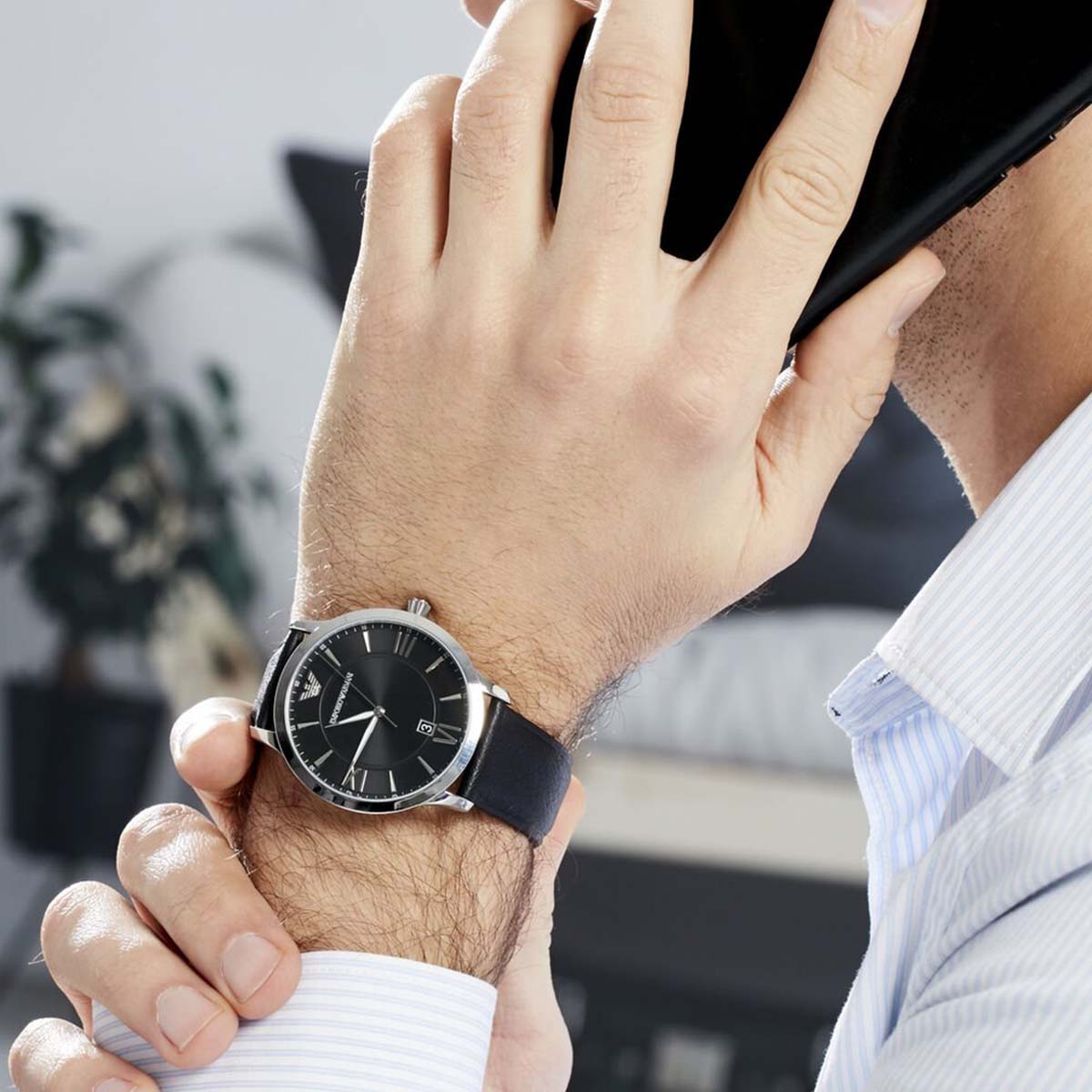 Emporio Armani Giovanni Black Dial and Black Leather 44mm Men's Watch | AR11210
