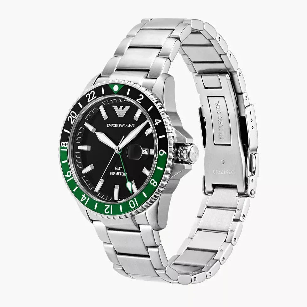 Emporio Armani GMT Black Dial and Black Stainless Steel 42mm Watch | AR11589 | TIME Watches