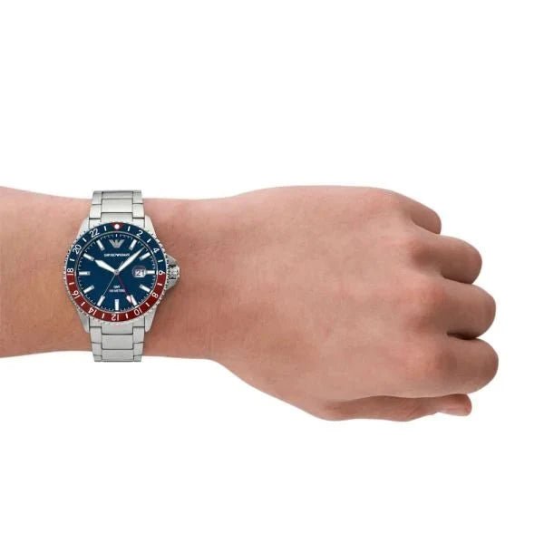 Emporio Armani GMT Blue Dial and Silver Stainless Steel 42mm Men's Watch | AR11590 | TIME Watches