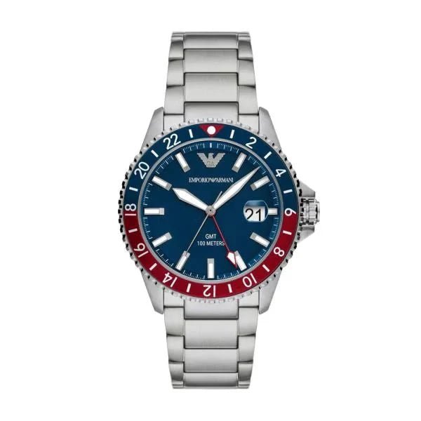 Emporio Armani GMT Blue Dial and Silver Stainless Steel 42mm Men's Watch | AR11590 | TIME Watches