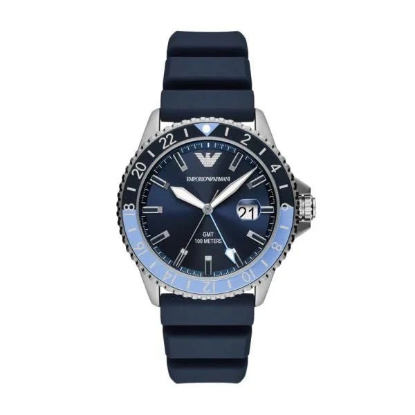 Emporio Armani GMT Silver - Tone Dial and Blue Stainless Steel 43mm Men's Watch | AR11592 | TIME Watches