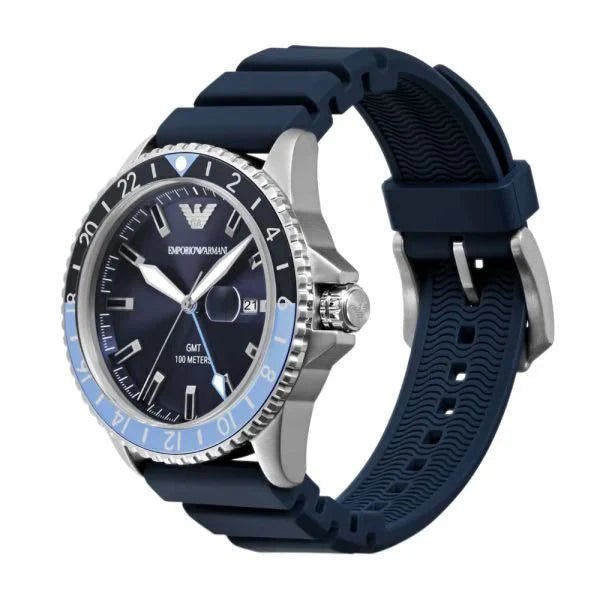 Emporio Armani GMT Silver - Tone Dial and Blue Stainless Steel 43mm Men's Watch | AR11592 | TIME Watches