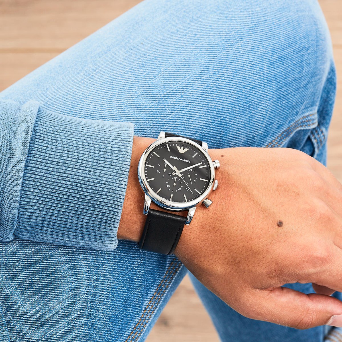Emporio Armani Luigi Silver Dial and Black Leather 43mm Men's Watch | AR1828