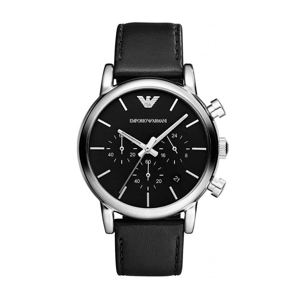 Emporio Armani Luigi Silver Dial and Black Leather 43mm Men's Watch | AR1828