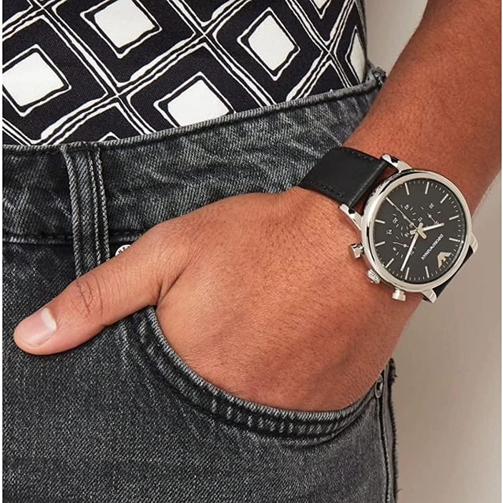 Emporio Armani Luigi Silver Dial and Black Leather 43mm Men's Watch | AR1828