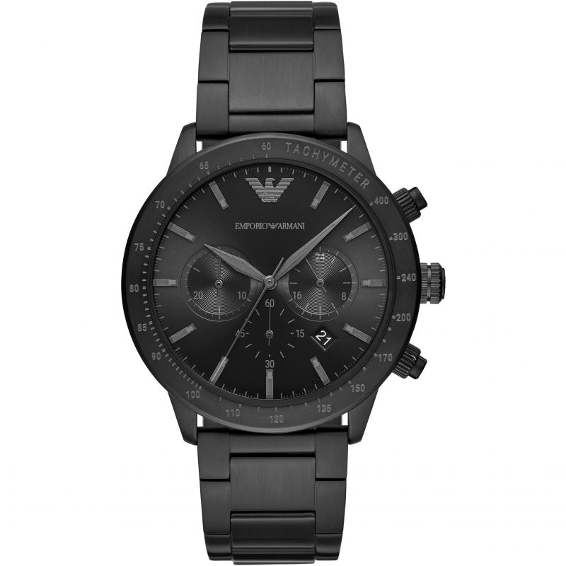 Emporio Armani Mario Black Dial and Black Leather 44mm Men's Watch | AR11242