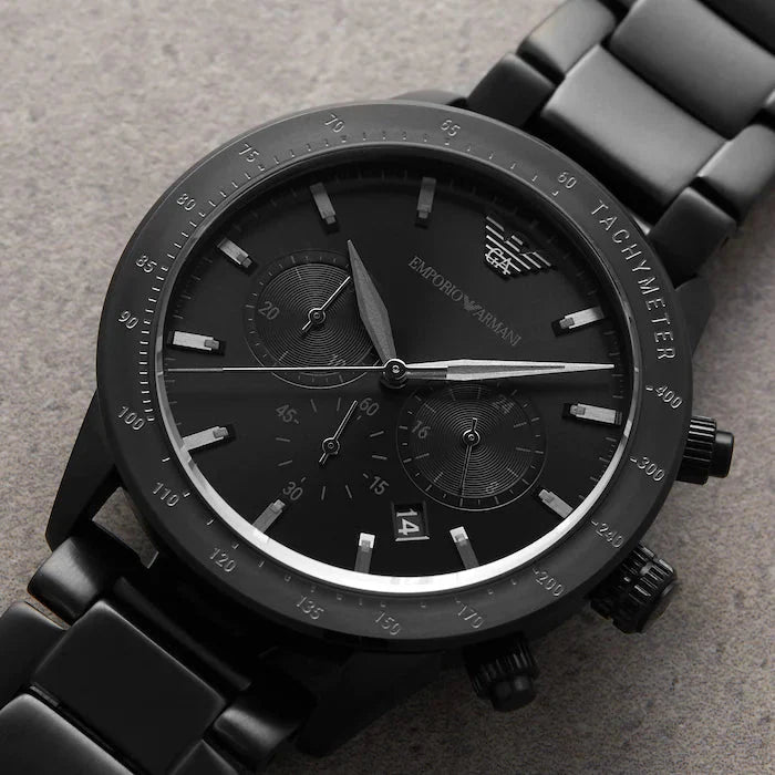 Emporio Armani Mario Black Dial and Black Leather 44mm Men's Watch | AR11242