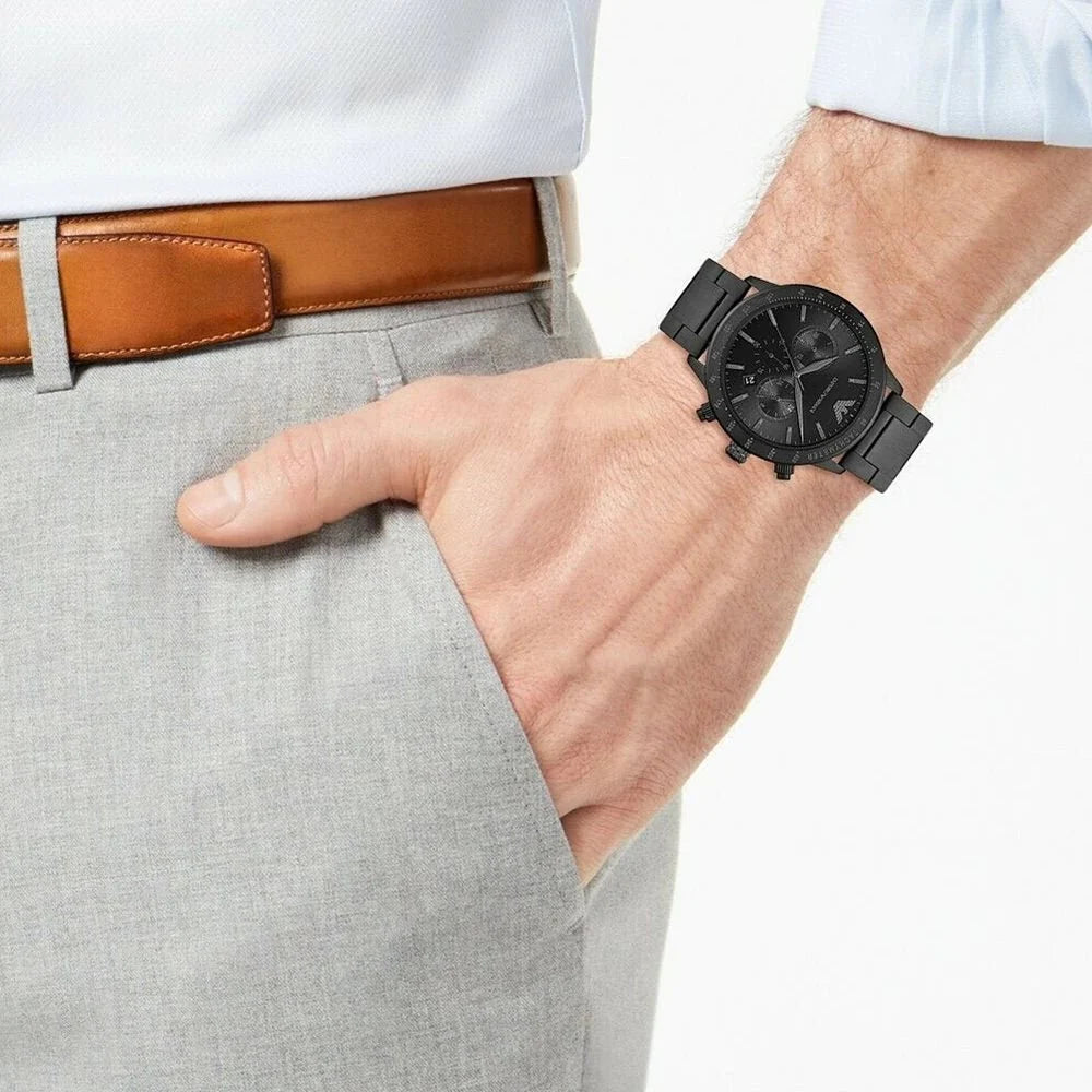 Emporio Armani Mario Black Dial and Black Leather 44mm Men's Watch | AR11242