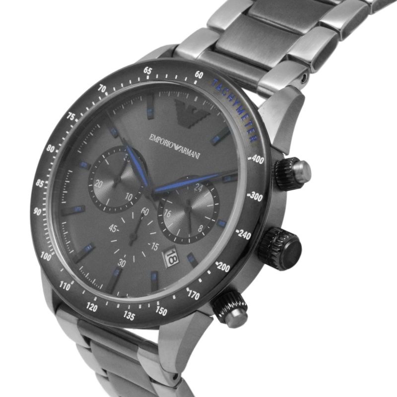 Emporio Armani Mario Black Dial and Silver Leather 44mm Men's Watch | AR11391