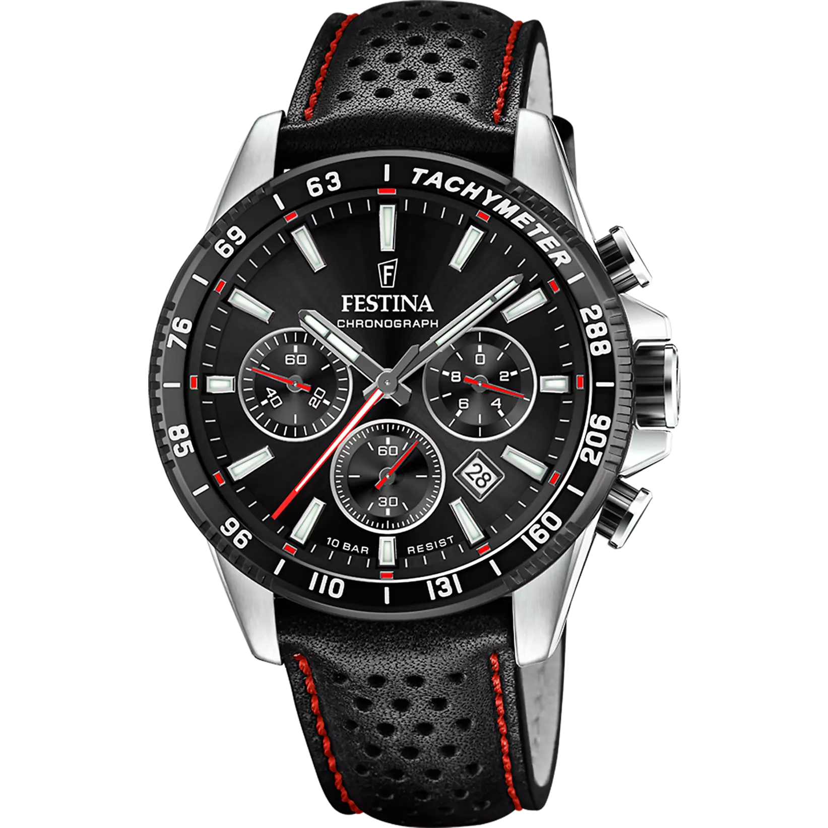 Festina Timeless Chronograph Black Dial Black Leather Red Stitching Men's Watch | F20561/4