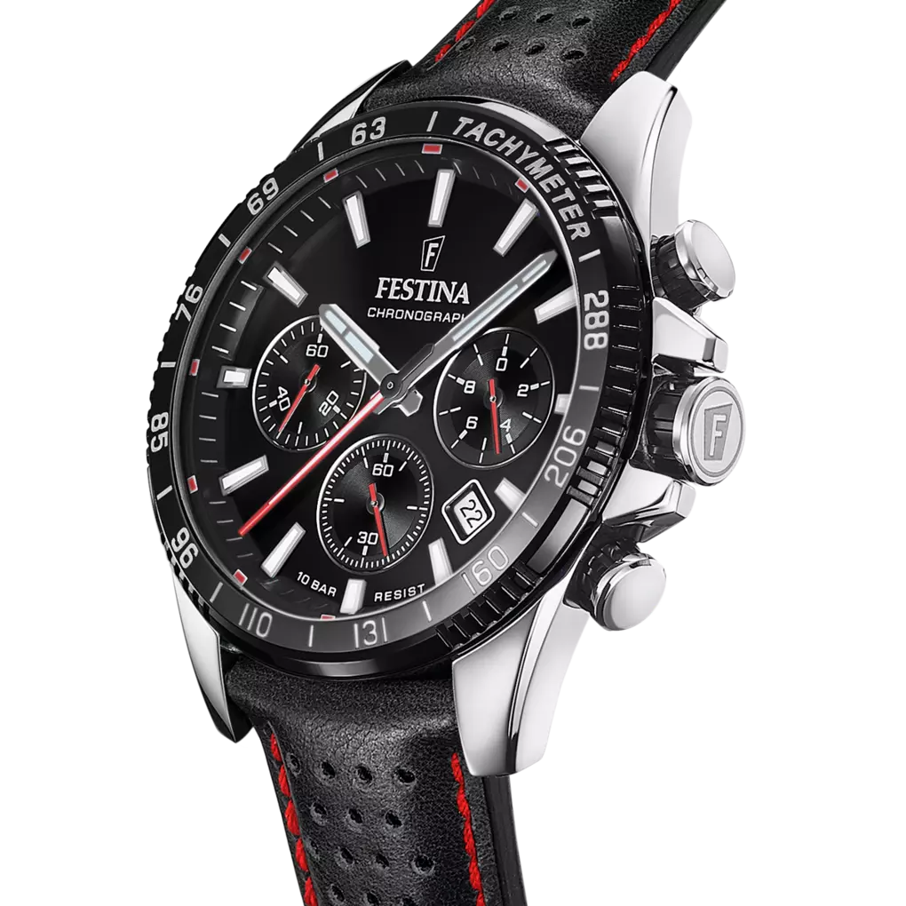 Festina Timeless Chronograph Black Dial Black Leather Red Stitching Men's Watch | F20561/4