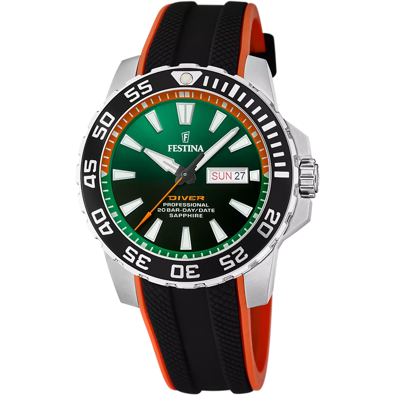 Festina The Originals Quartz Green Black Dial Orange Details Rubber Men Watch | F20662/2