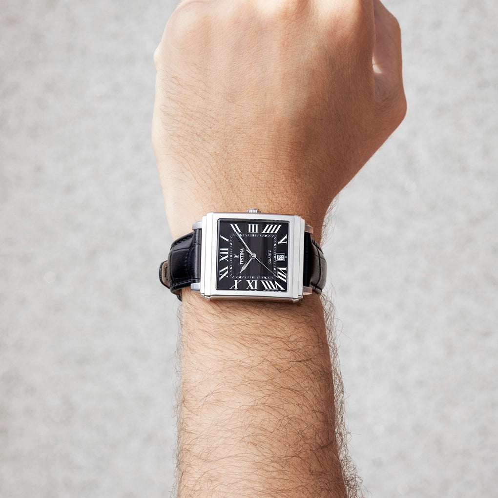Festina On The Square Quartz Rectangular Black Dial Black Leather Unisex Watch | F20681/3