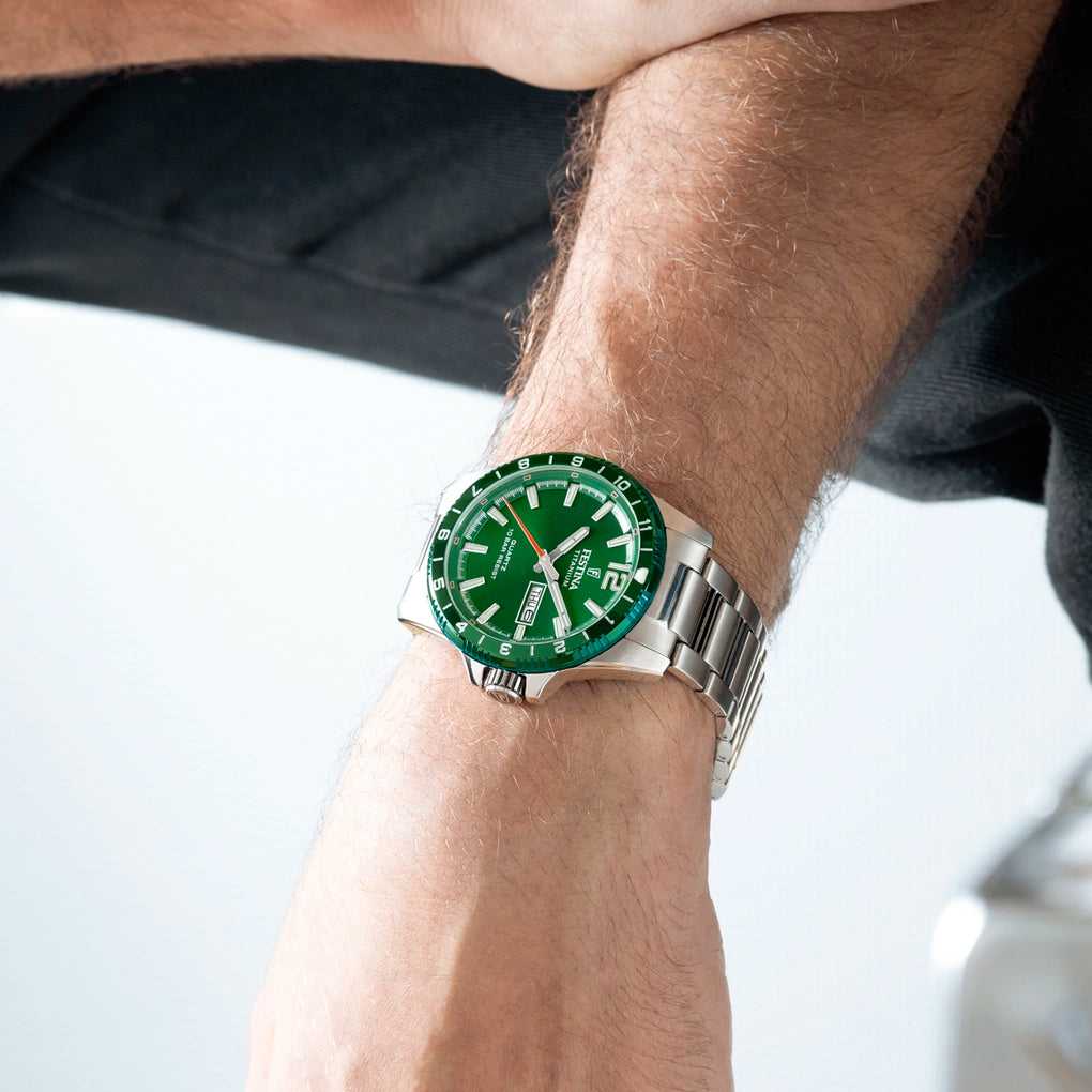 Festina Titanium Quartz Green Dial Fluorescent Steel Indices Men's Watch | F20698/3