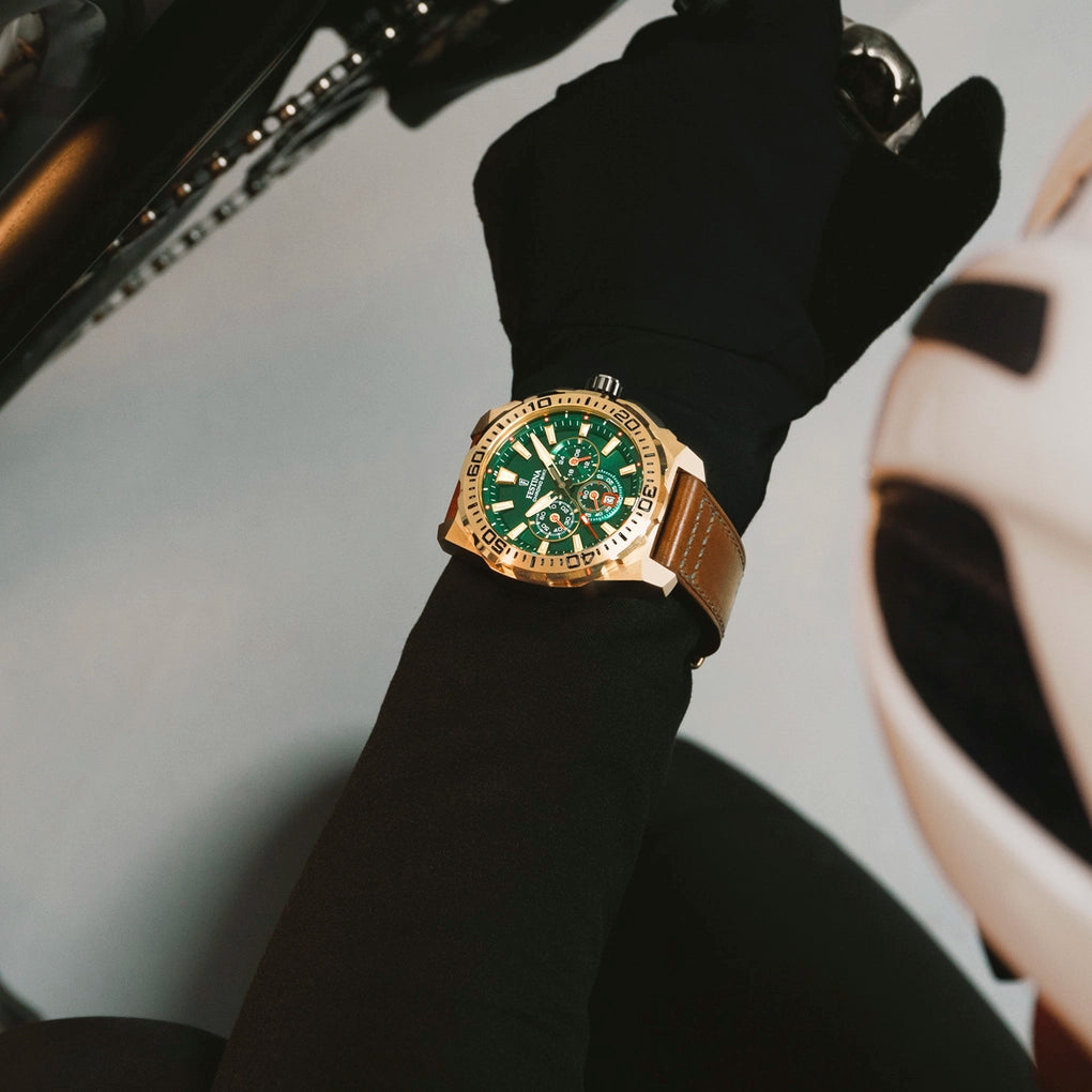 Festina Chrono Bike Quartz Chronograph Green Dial Brown Leather Men's Watch | F20728/2