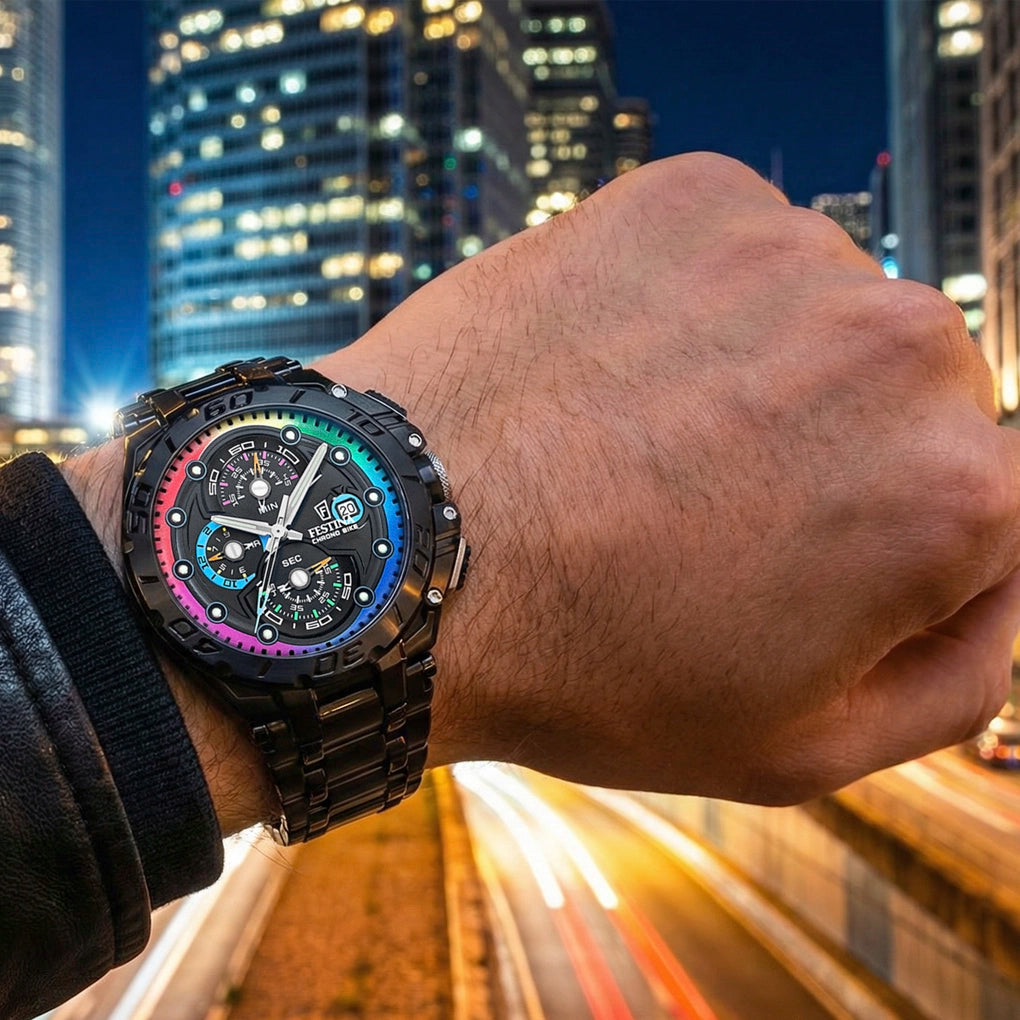 Festina Chrono Bike Limited Edition Black with Rainbow Accents Dial and Black Steel Bracelet 46mm Men's Watch | F20761/1