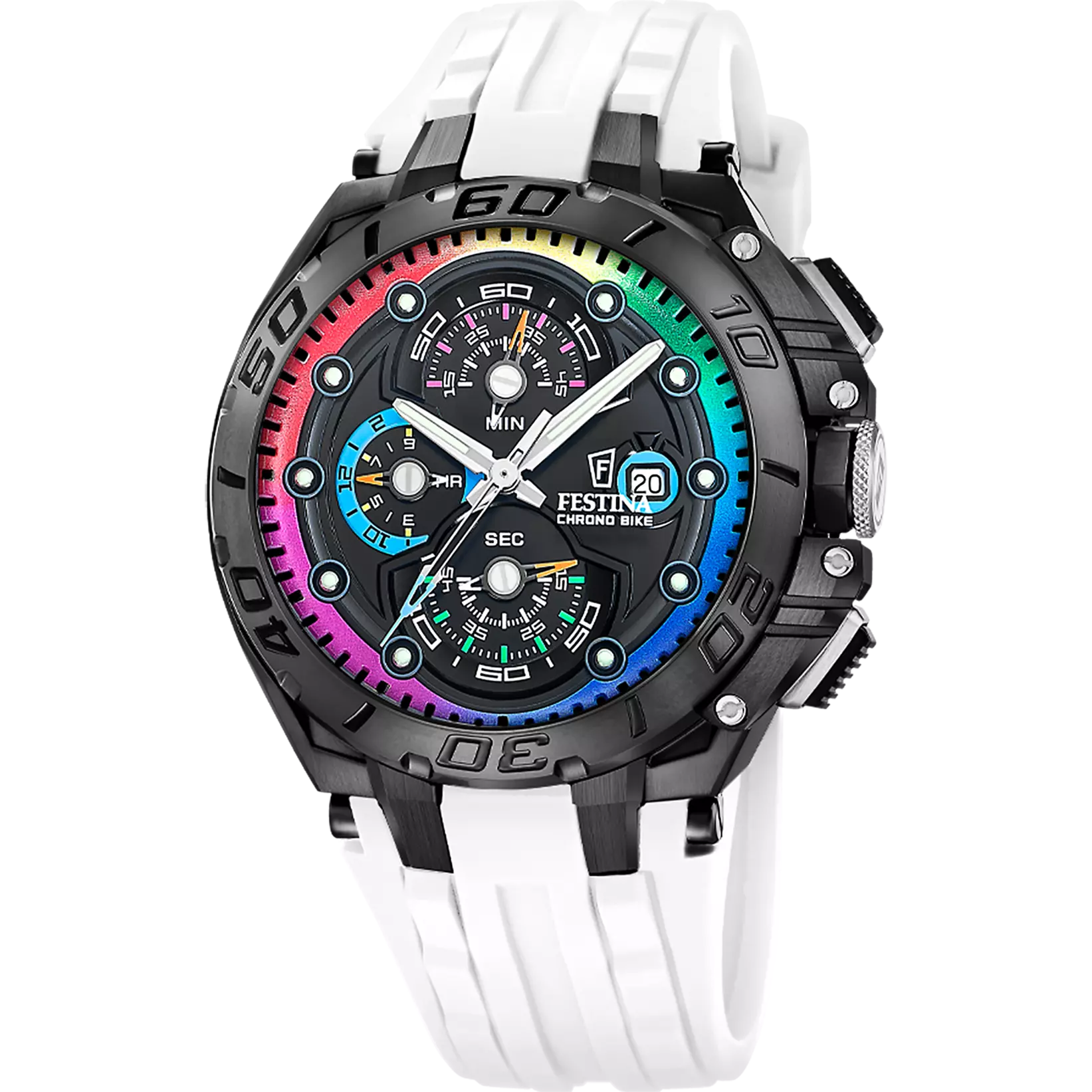 Festina Chrono Bike Limited Edition Black with Rainbow Accents Dial and Black Steel Bracelet 46mm Men's Watch | F20761/1