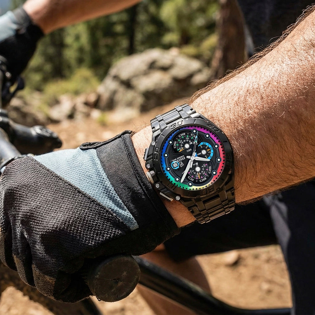 Festina Chrono Bike Limited Edition Black with Rainbow Accents Dial and Black Steel Bracelet 46mm Men's Watch | F20761/1