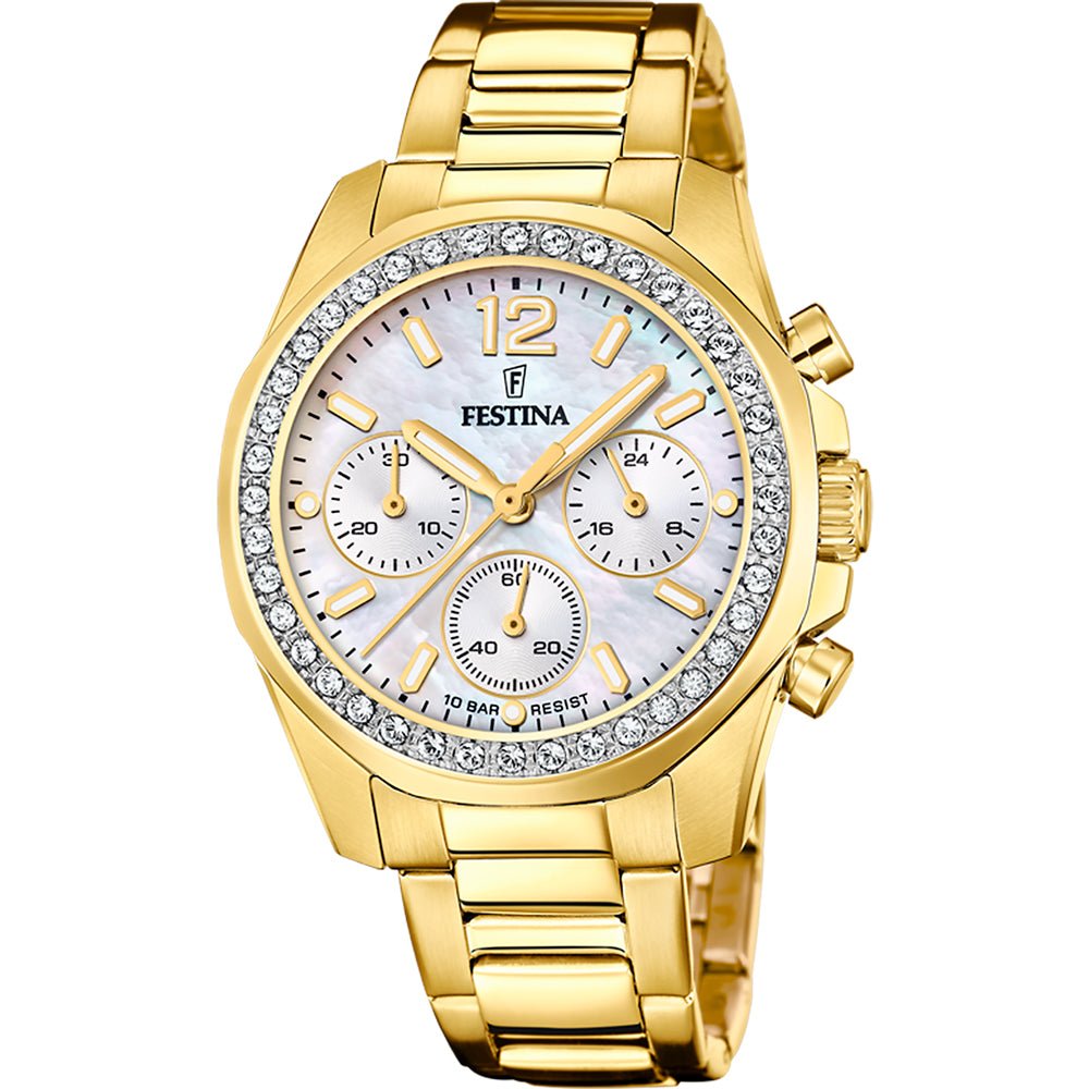 Festina Boyfriend Gold Mother Of Pearl Dial Woman's Watch | F20609/1 | Time Watch Specialists