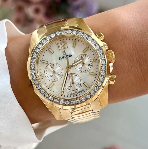 Festina Boyfriend Gold Mother Of Pearl Dial Woman's Watch | F20609/1 | Time Watch Specialists