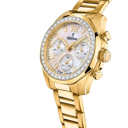 Festina Boyfriend Gold Mother Of Pearl Dial Woman's Watch | F20609/1 | Time Watch Specialists