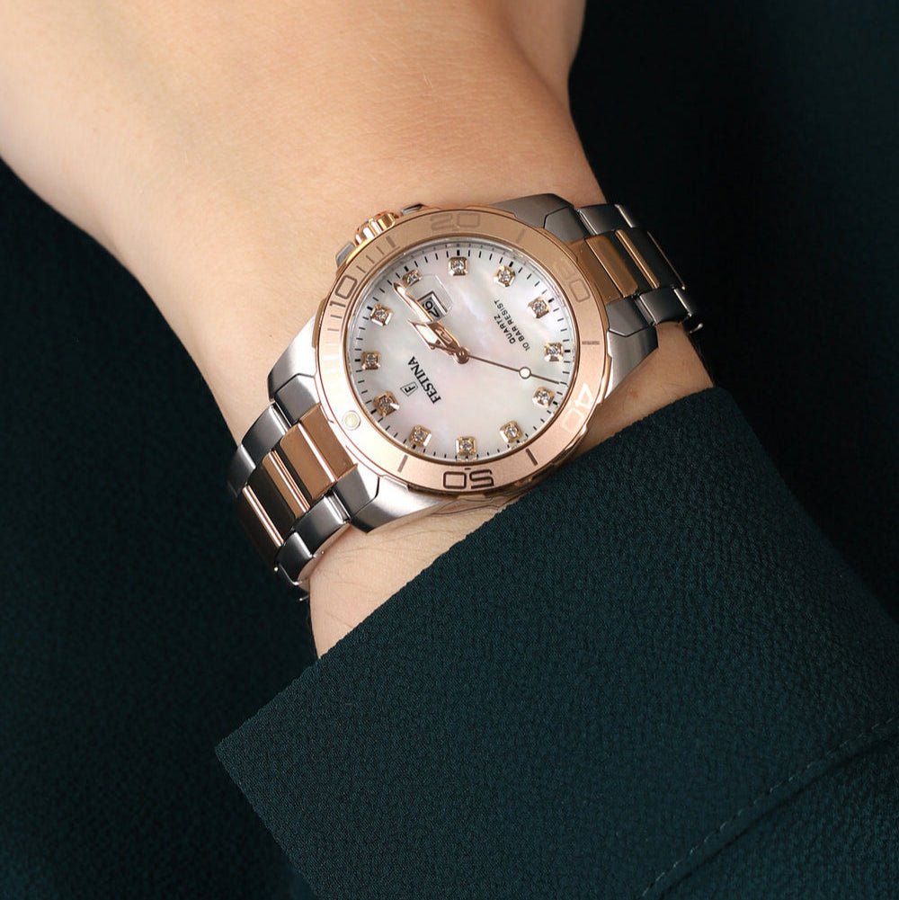 Festina Boyfriend Collection Mother of Pearl Dial 316L Stainless Steel with Rose Gold PVD Men’s 39mm Watch | F20605/1 | TIME Watches