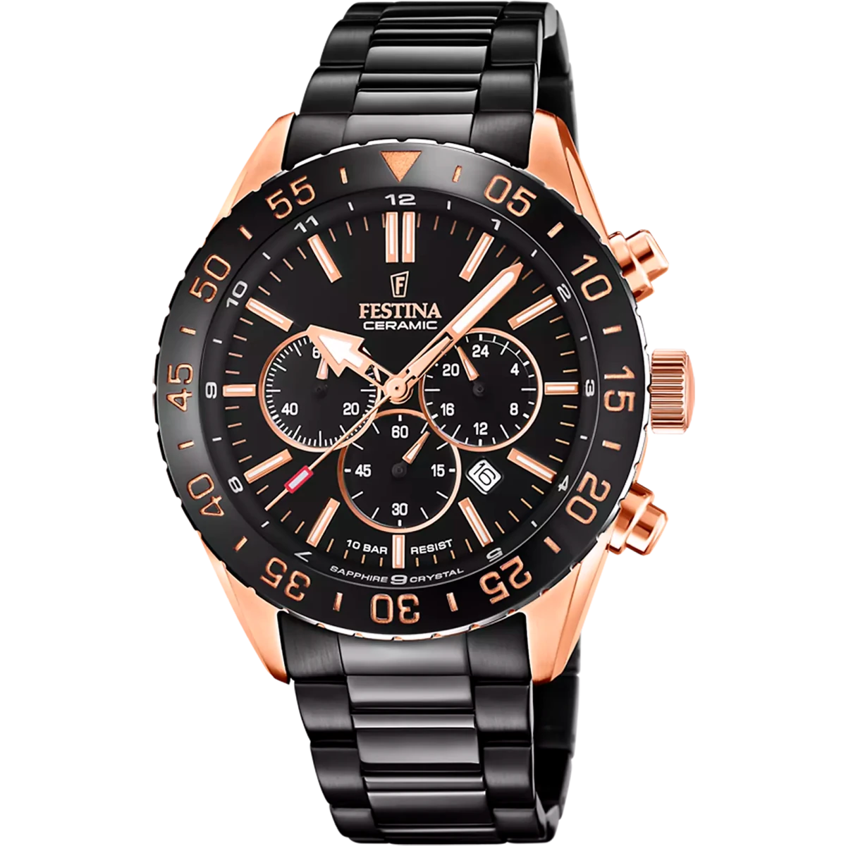 Festina Ceramic Rose Gold Dial Black 316LStainless Steel Men’s 44mm Watch | F20578/1 | TIME Watches