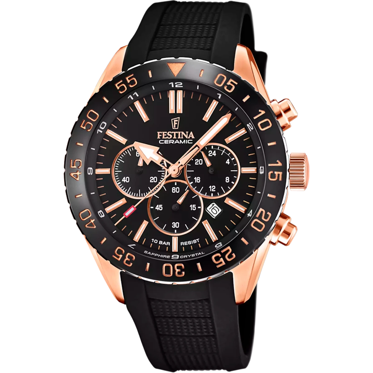 Festina Ceramic Rose Gold Dial Black Rubber Men’s 44mm Watch | F20516/2 | TIME Watches