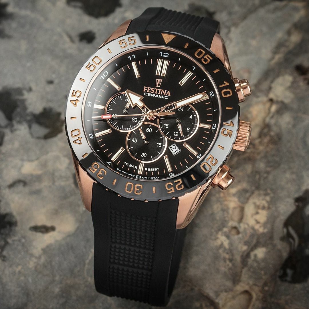 Festina Ceramic Rose Gold Dial Black Rubber Men’s 44mm Watch | F20516/2 | TIME Watches