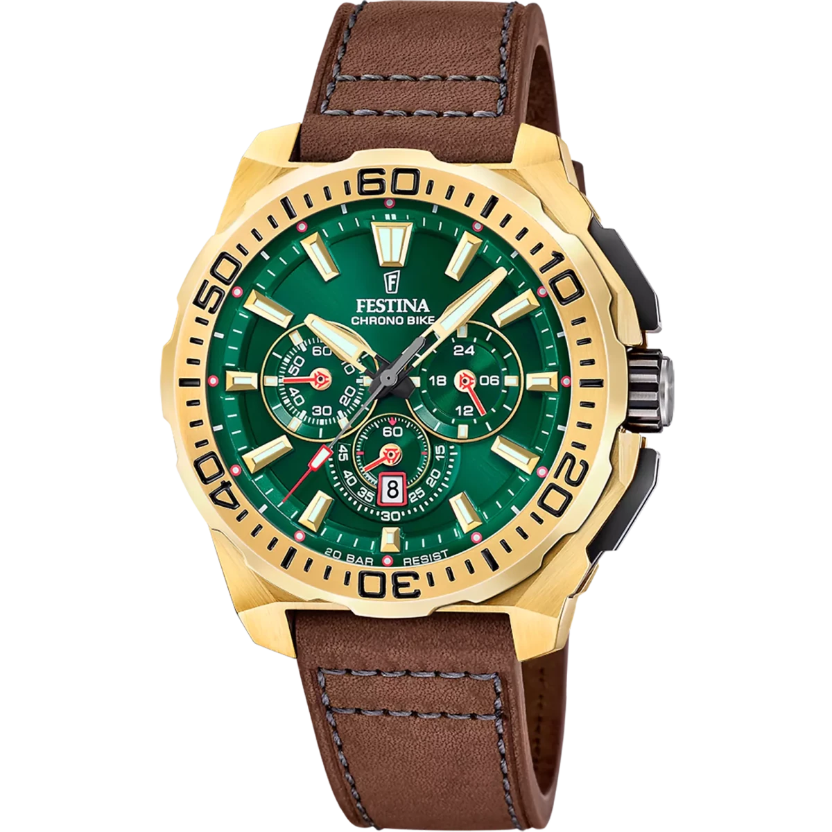 Festina Chrono Bike Green Dial Brown Leather Men’s Watch | F20728/2 | TIME Watches