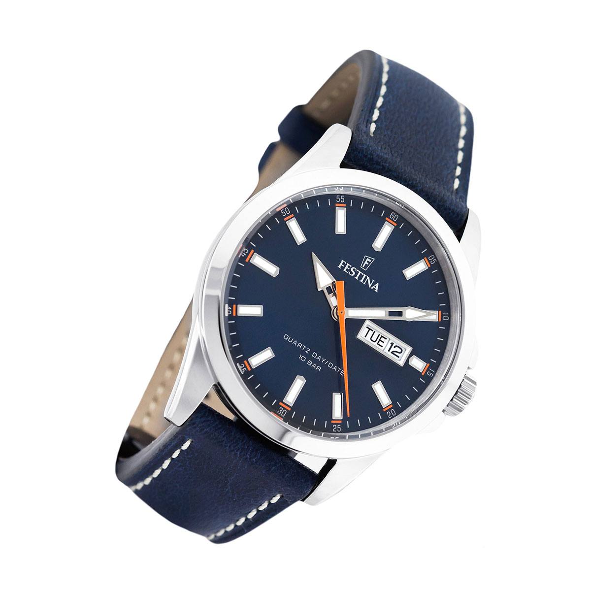 Festina Classic Orange Dial Blue leather with white stitching Men’s 41mm Watch | F20358/3 | TIME Watches