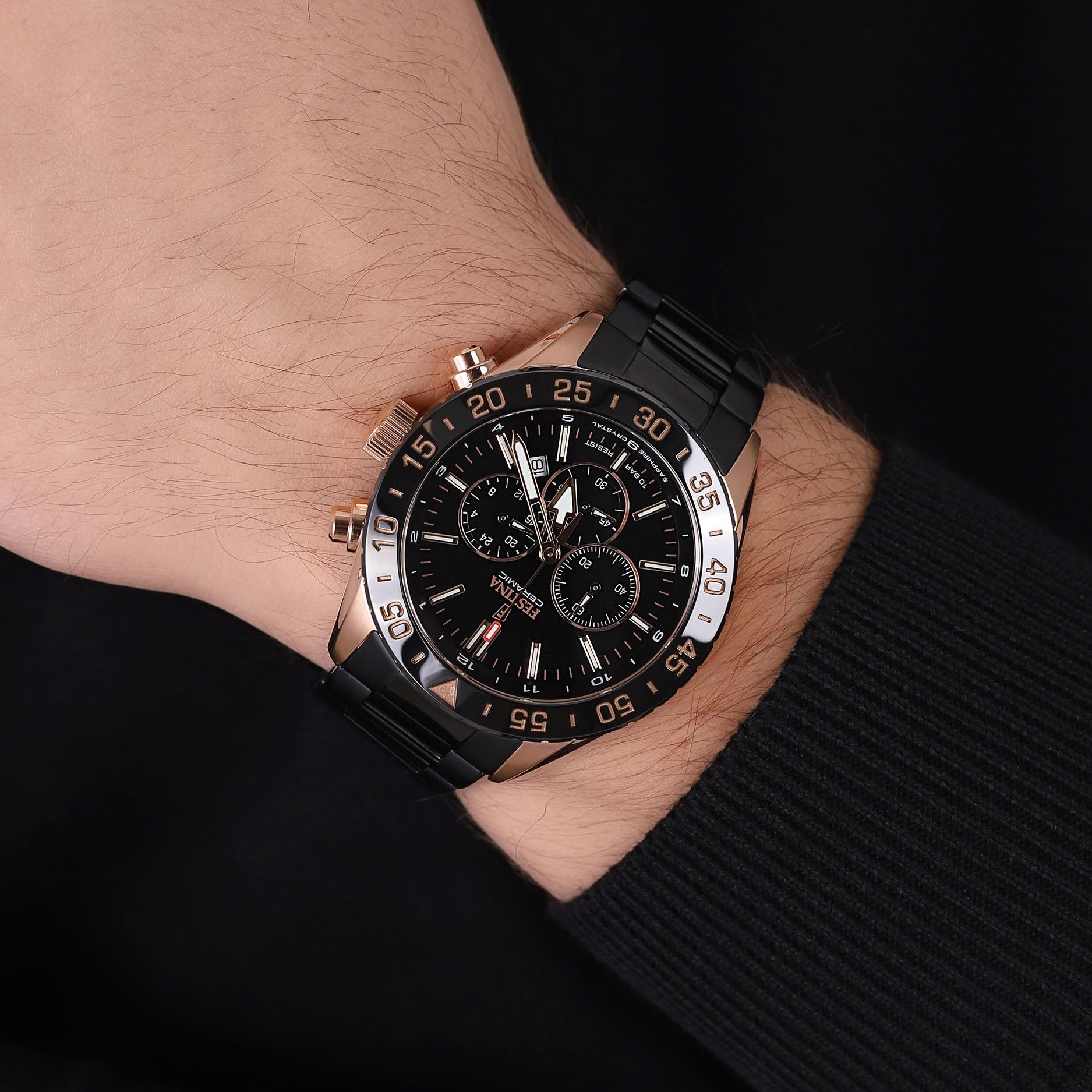 Festina Ceramic Quartz Chronograph Black Rose Gold Subdials Stainless Steel Men's Watch | F20578/1