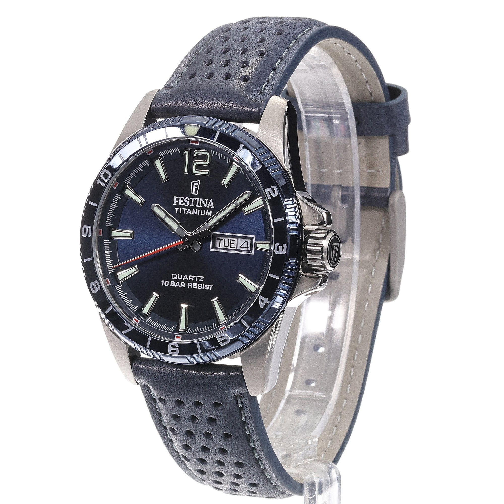 Festina Titanium Quartz Blue Dial Red Second Hand Leather Men's Watch | F20699/2