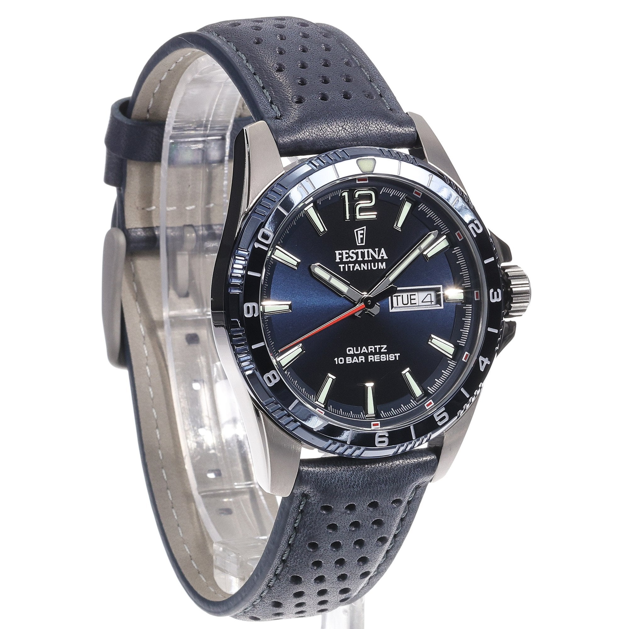 Festina Titanium Quartz Blue Dial Red Second Hand Leather Men's Watch | F20699/2