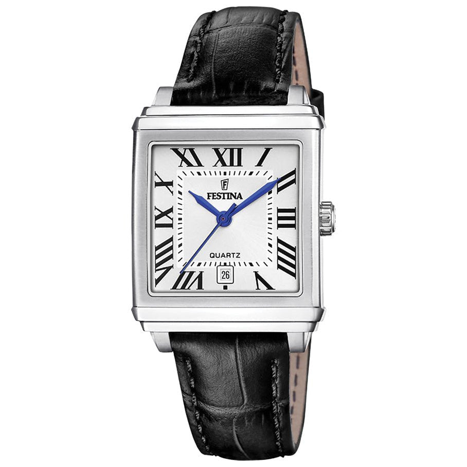 Festina On The Square Silver Dial Black Leather Men’s 27mm Watch | F20682/3 | TIME Watches