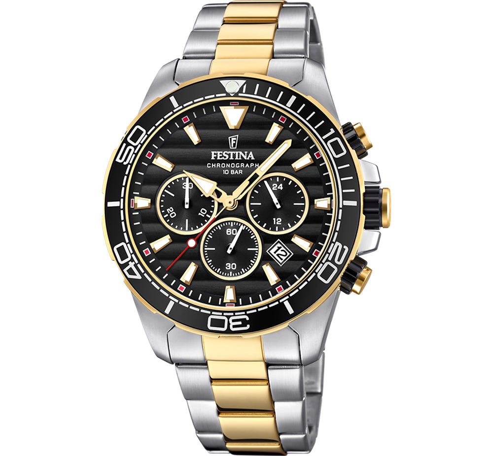 Festina The Originals Black Dial Two Tone Gold PVD Stainless Steel Men’s Watch | F20363/3 | TIME Watches