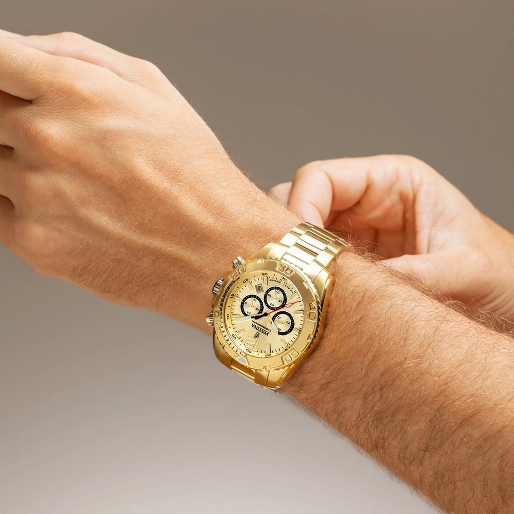 Festina Timeless Chronograph Champagne Dial Gold PVD Stainless Steel Men’s Watch | F20684/1 | TIME Watches