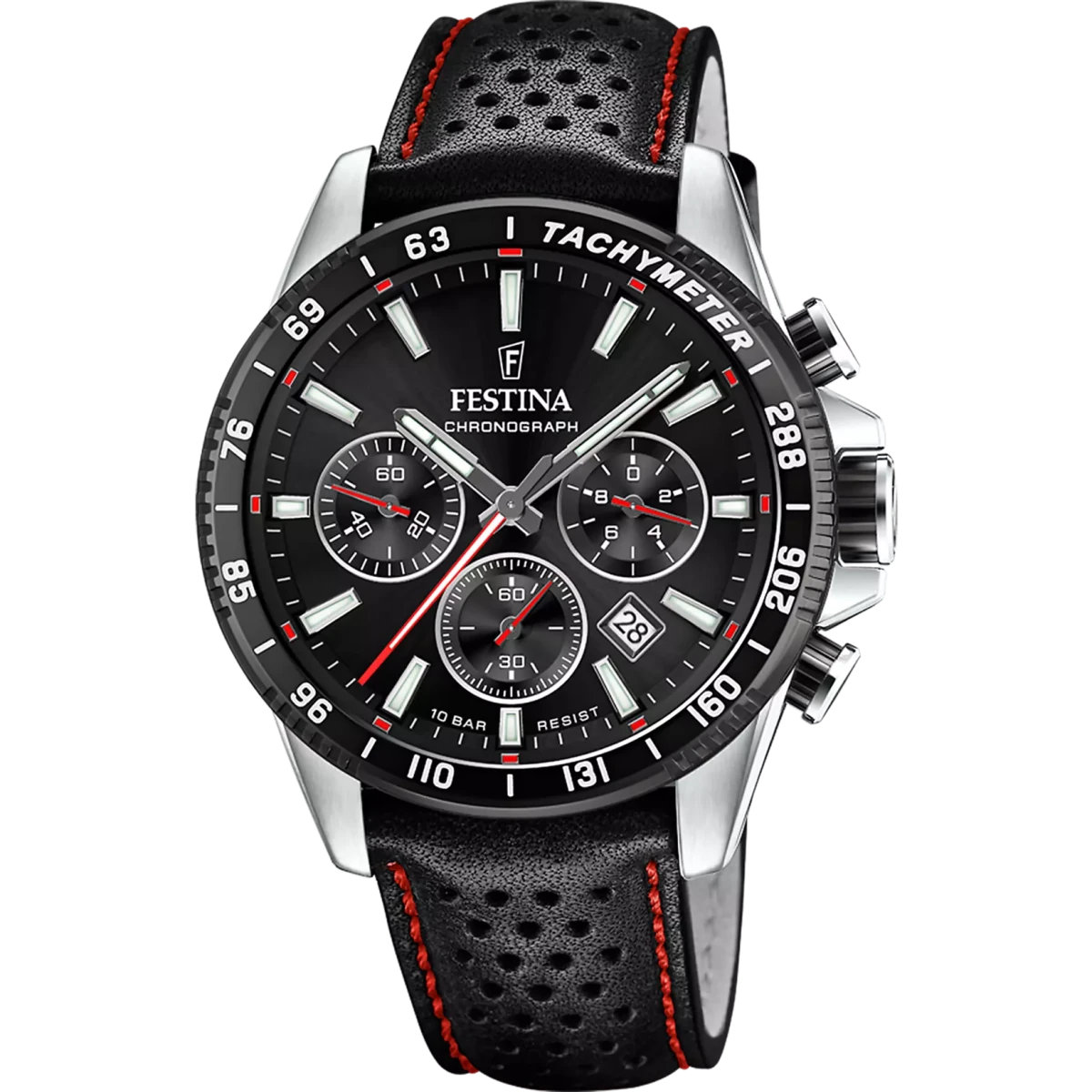 Festina Timeless Chronograph Silver Dial Black Leather with Red Stiching Men’s 45mm Watch | F20561/4 | TIME Watches