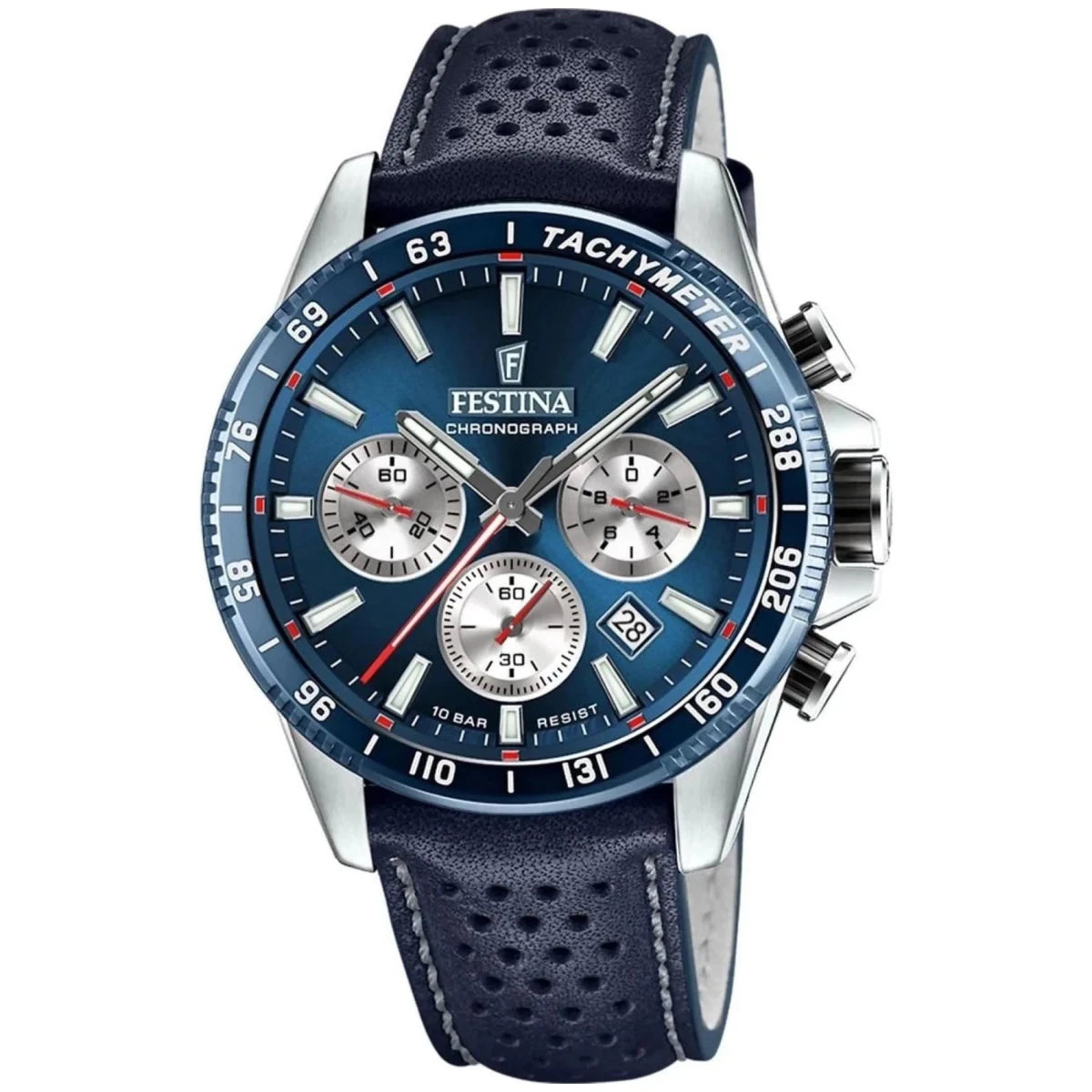 Festina Timeless Chronograph Silver Dial Blue Leather Men’s 45mm Watch | F20561/2 | TIME Watches