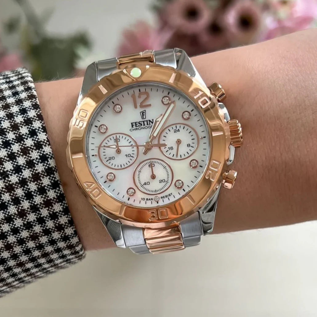 Festina Boyfriend Quartz Chronograph Mother Of Pearl Rose Gold PVD Women's Watch | F20605/1