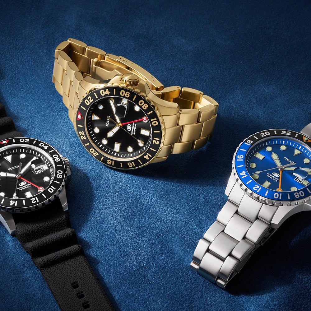 Fossil Fossil Blue GMT Black Dial and Gold Steel Bracelet 46mm Men's Watch | FS5990 | TIME Watches