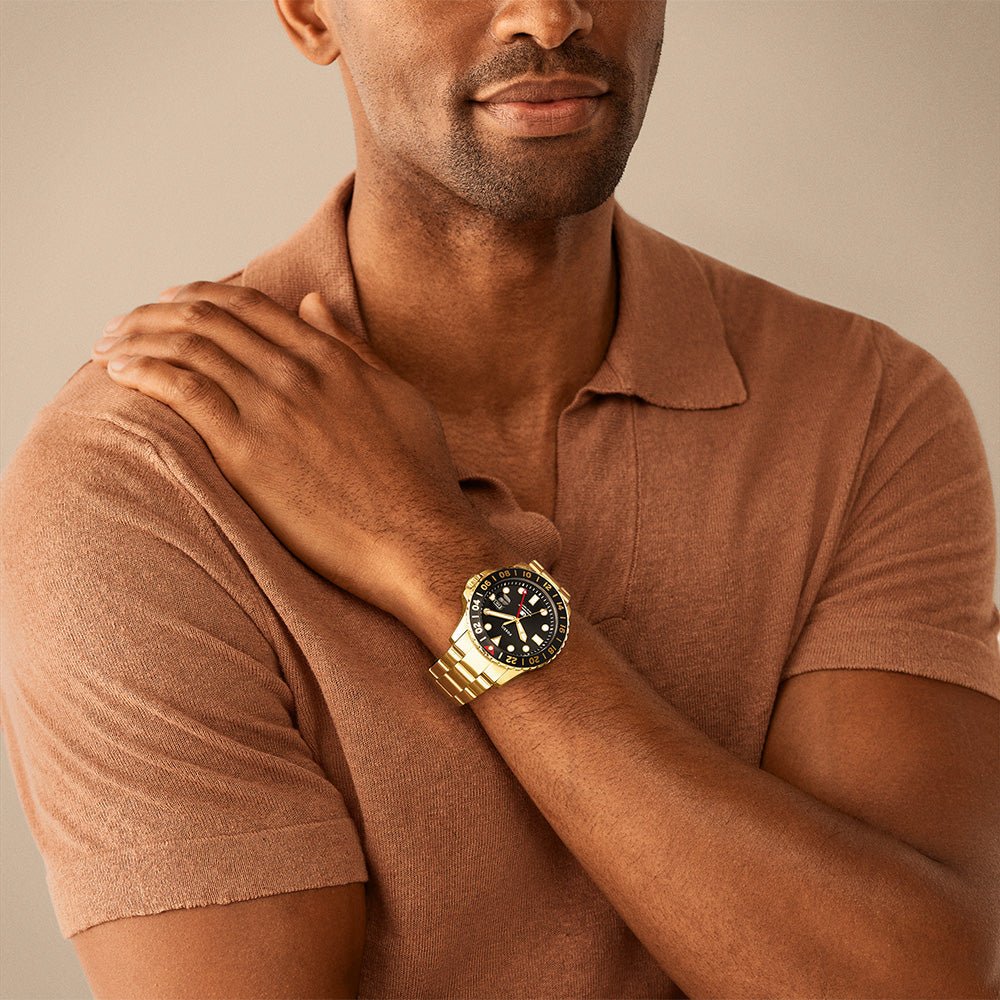 Fossil Fossil Blue GMT Black Dial and Gold Steel Bracelet 46mm Men's Watch | FS5990 | TIME Watches
