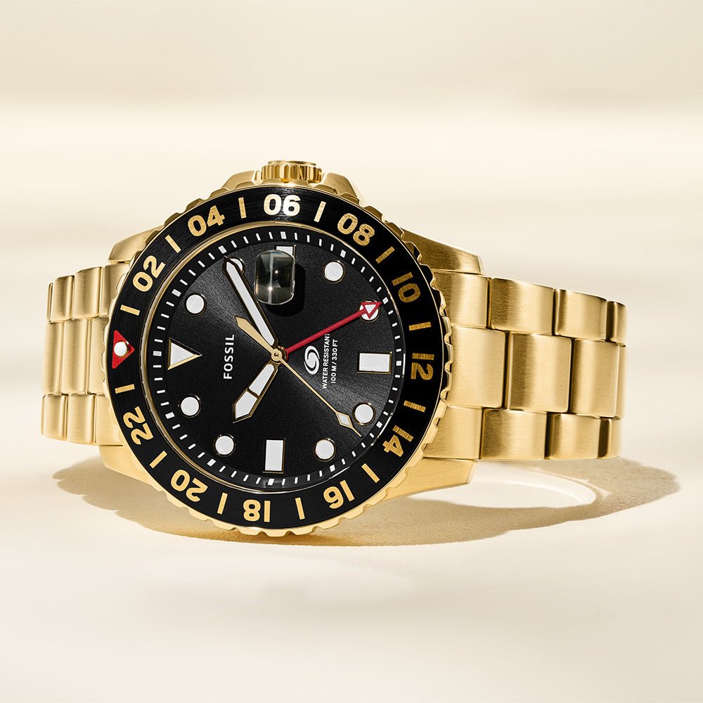 Fossil Fossil Blue GMT Black Dial and Gold Steel Bracelet 46mm Men's Watch | FS5990 | TIME Watches