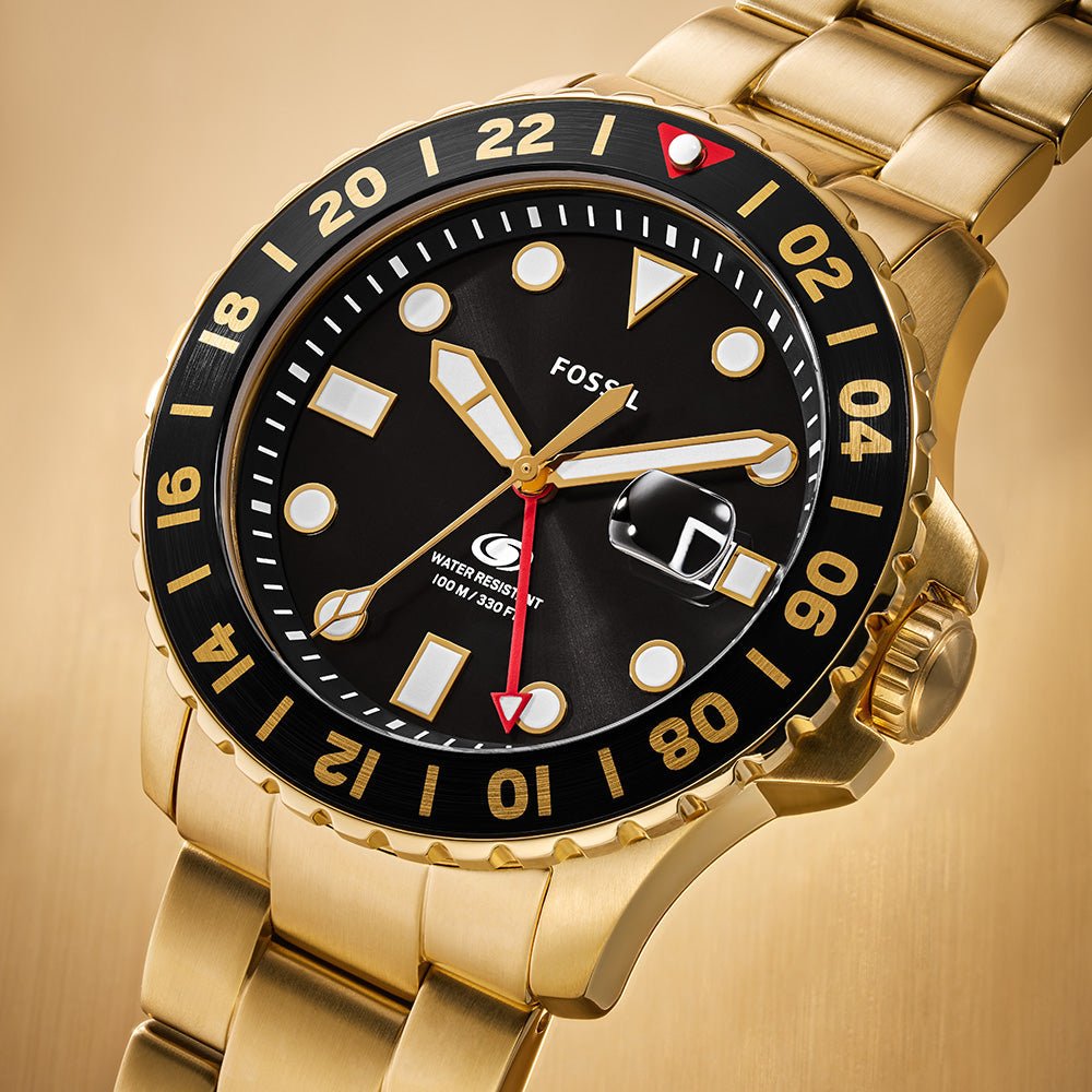 Fossil Fossil Blue GMT Black Dial and Gold Steel Bracelet 46mm Men's Watch | FS5990 | TIME Watches