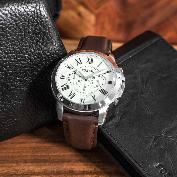 Fossil Grant White Dial and Brown Leather 44mm Men's Watch | FS4735 | TIME Watches