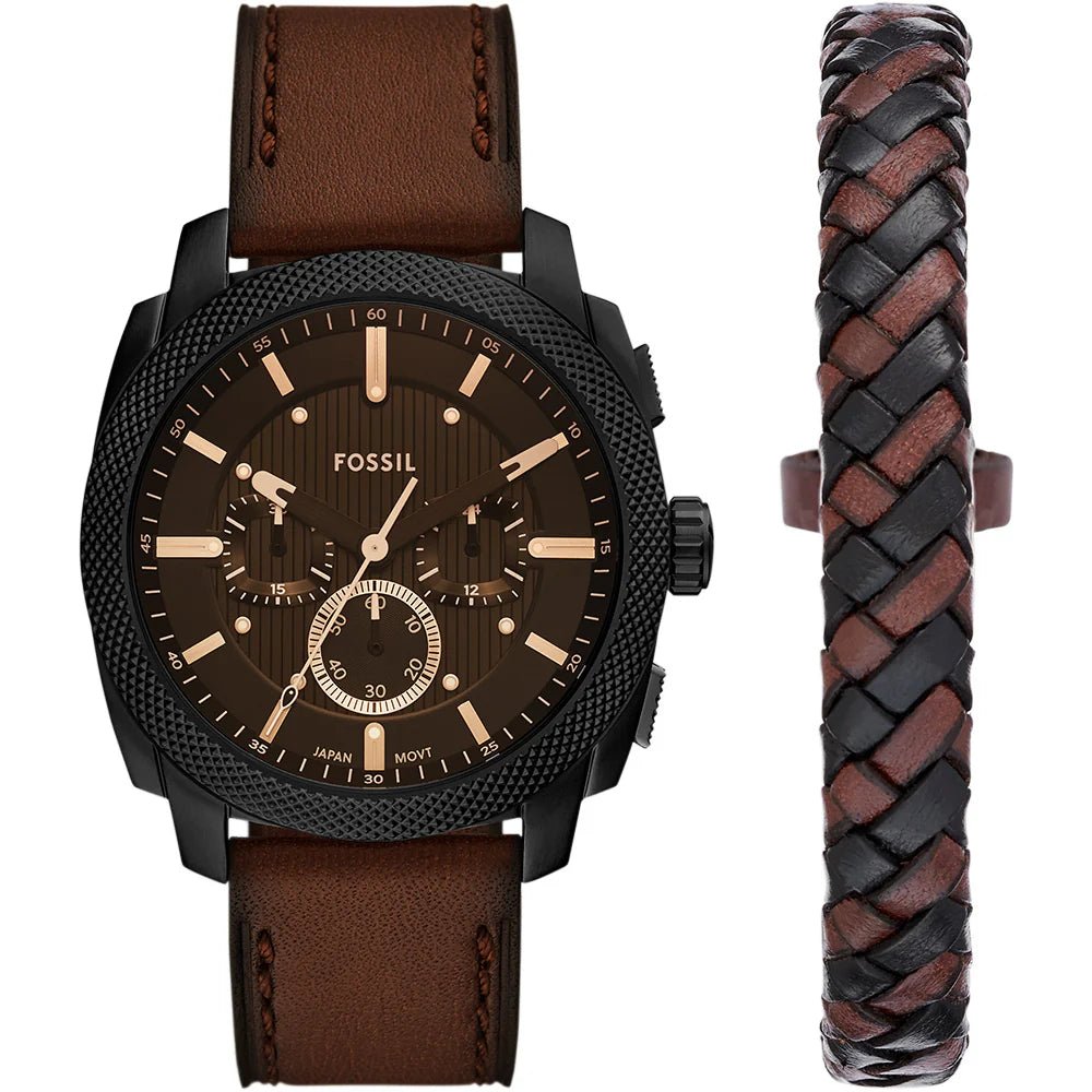 Fossil Machine Black Dial and Brown Leather Strap 44mm Men's Watch | FS6102SET | TIME Watches