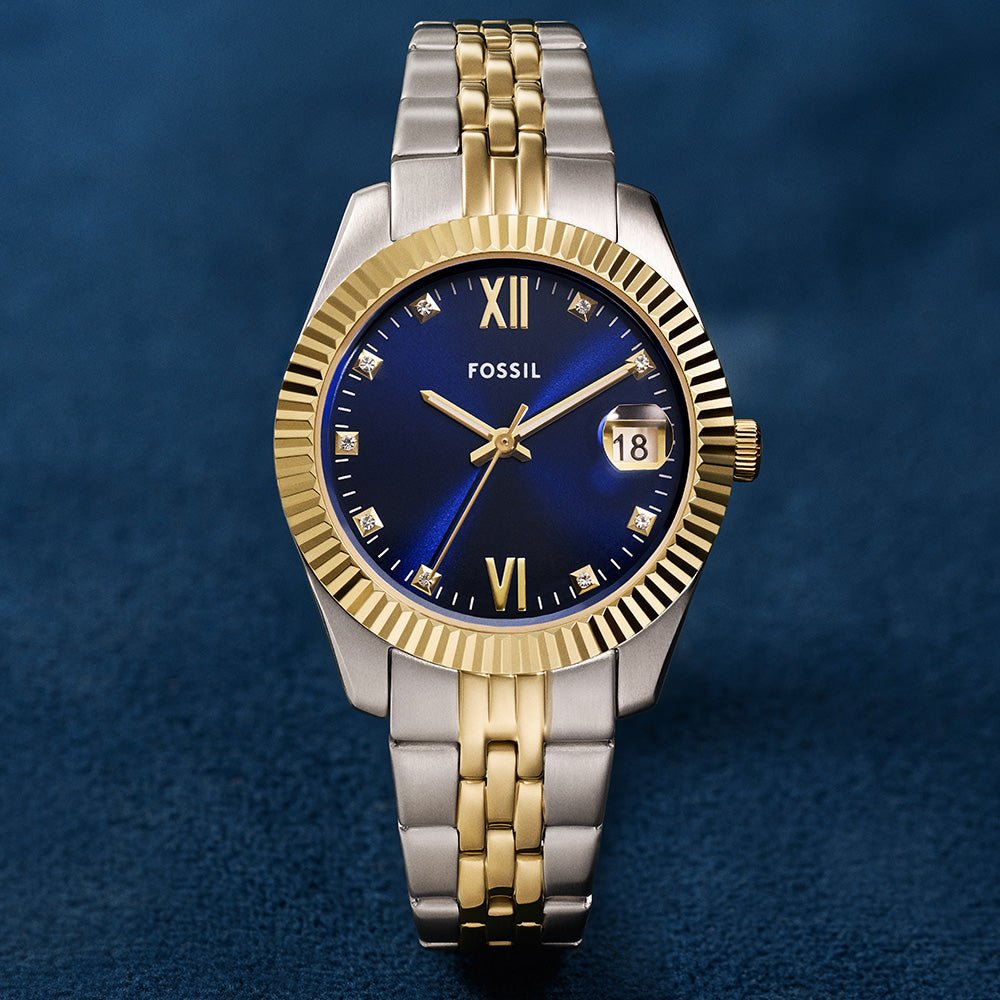 Fossil Scarlette Blue Dial and Gold Steel Bracelet 33mm Women's Watch | ES5443 | TIME Watches