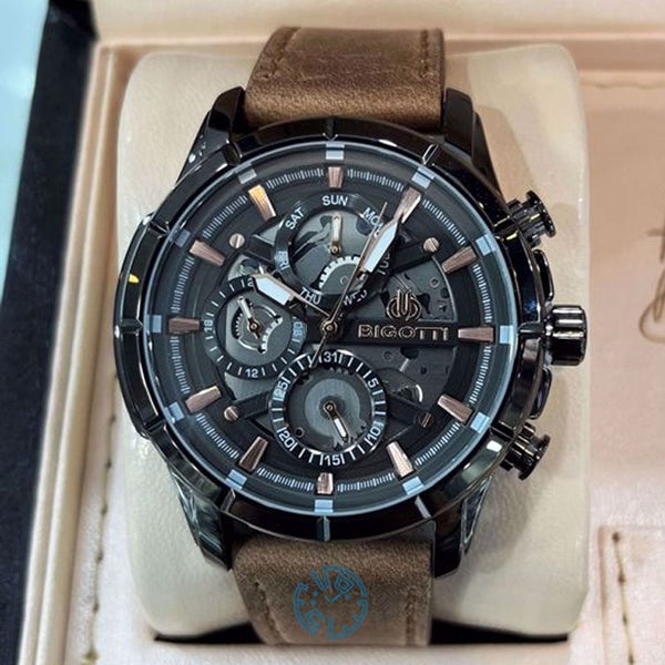 Bigotti Gunmetal Black Skeleton Multi-Dial Rose Gold Brown Leather Strap | BG.1.10579-5